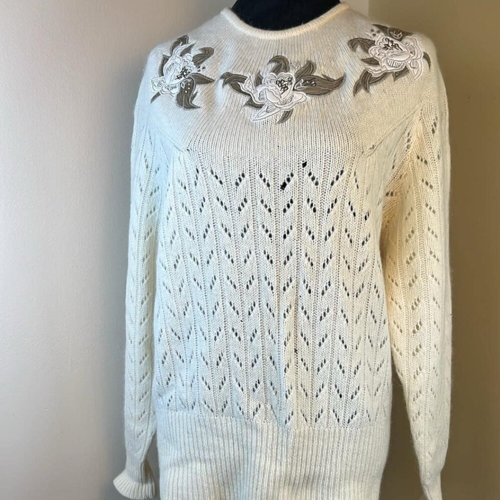 Vintage Ann Klein Angora Blend Embellished Sweater SZ M 80s Preppy Cottagecore